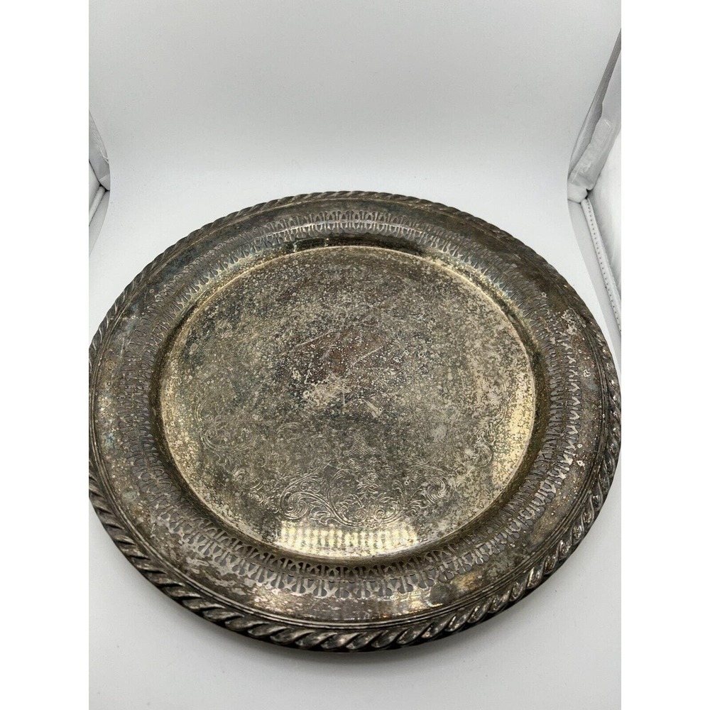 Vintage W.M. Rogers Silverplate Brass Floral Embossed Cutout‎ Rope Trim Tray